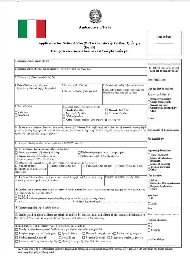 mẫu tờ khai xin visa làm việc ý loại d italy application form 