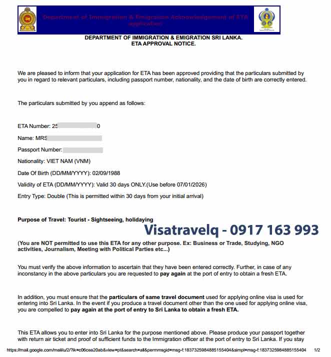 thủ tục xin visa công tác sri lanka eta business