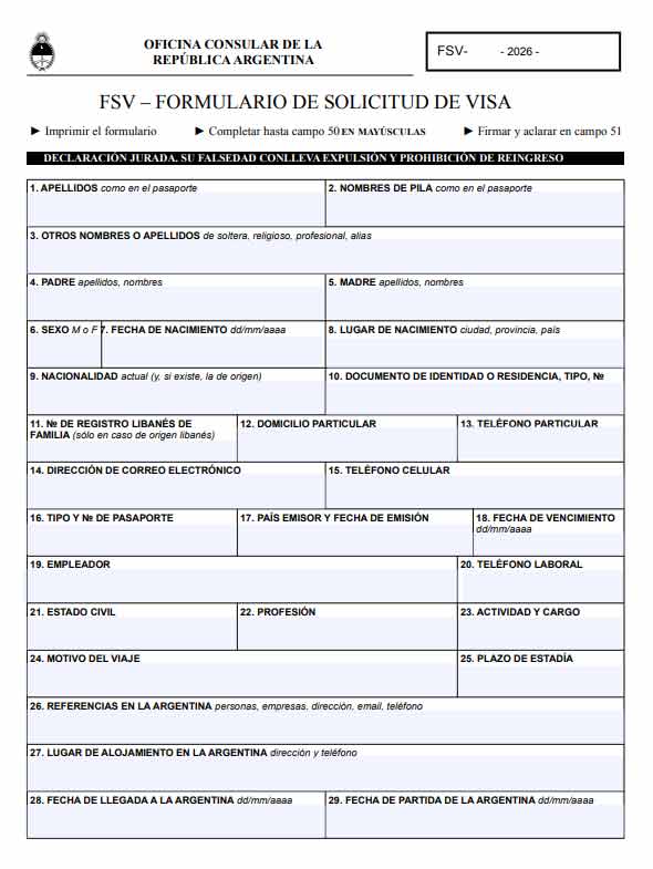 mẫu đơn xin visa công tác argentina